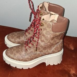 Coach Ainsley Brown Combat Boots with Red Laces